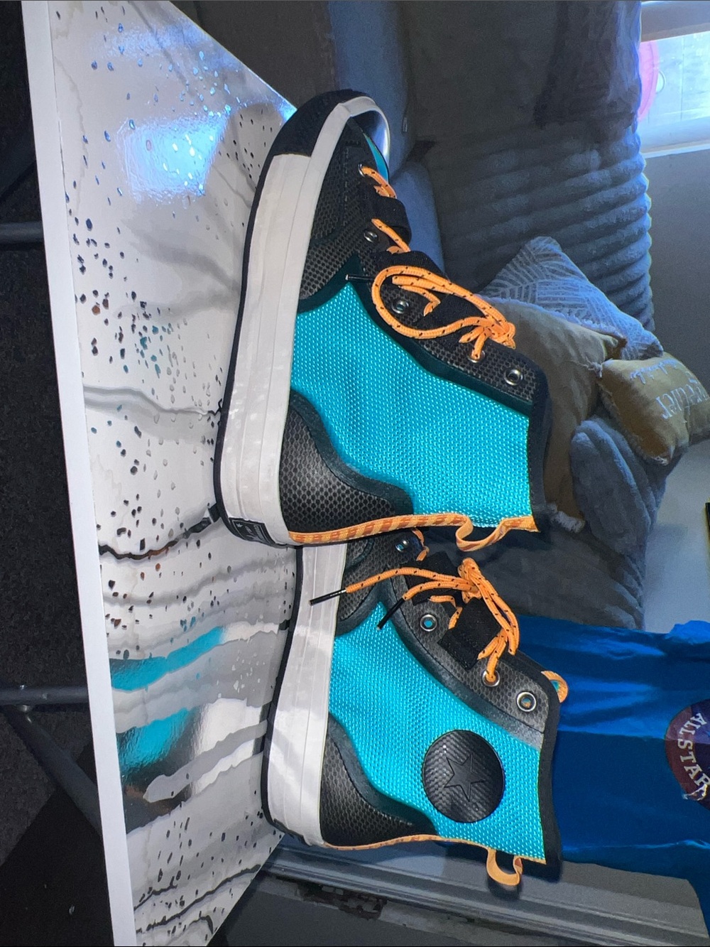 Converse Kids Black and Teal High-Tops with Orange Laces - Picture 4 of 8